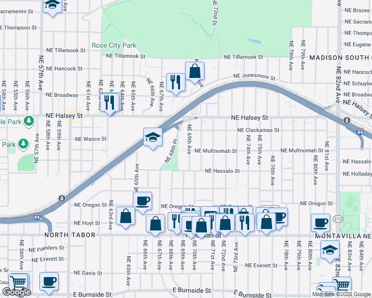 map of restaurants, bars, coffee shops, grocery stores, and more near 1145 Northeast 69th Avenue in Portland