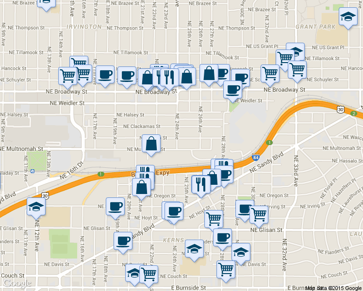 map of restaurants, bars, coffee shops, grocery stores, and more near 2318 Northeast Multnomah Street in Portland