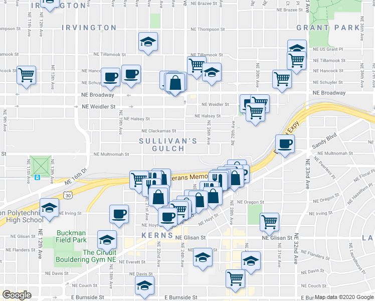 map of restaurants, bars, coffee shops, grocery stores, and more near 2318 Northeast Multnomah Street in Portland