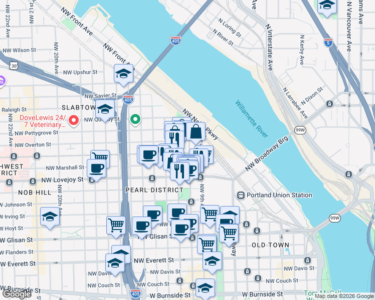 map of restaurants, bars, coffee shops, grocery stores, and more near in Portland