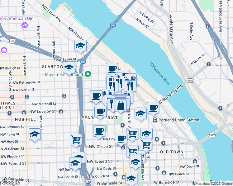 map of restaurants, bars, coffee shops, grocery stores, and more near in Portland