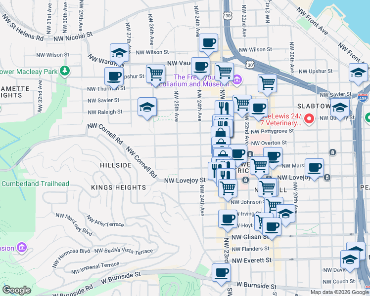 map of restaurants, bars, coffee shops, grocery stores, and more near 2432 Northwest Northrup Street in Portland