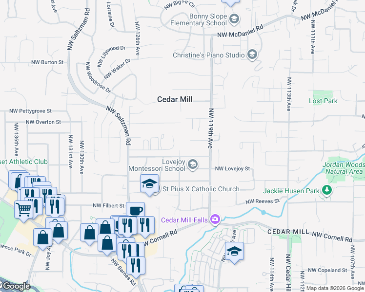 map of restaurants, bars, coffee shops, grocery stores, and more near 12170 Northwest Marshall Street in Portland