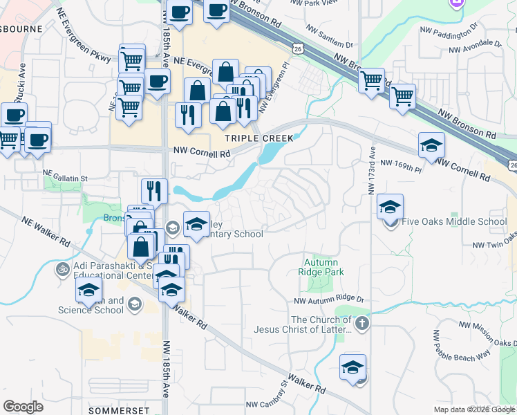 map of restaurants, bars, coffee shops, grocery stores, and more near 1554 Northwest Midlake Lane in Beaverton