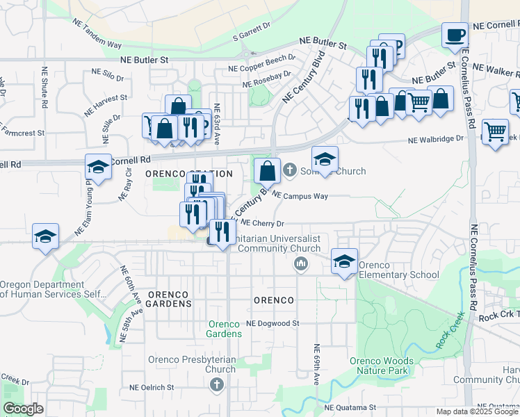 map of restaurants, bars, coffee shops, grocery stores, and more near 6501 Northeast Cherry Drive in Hillsboro