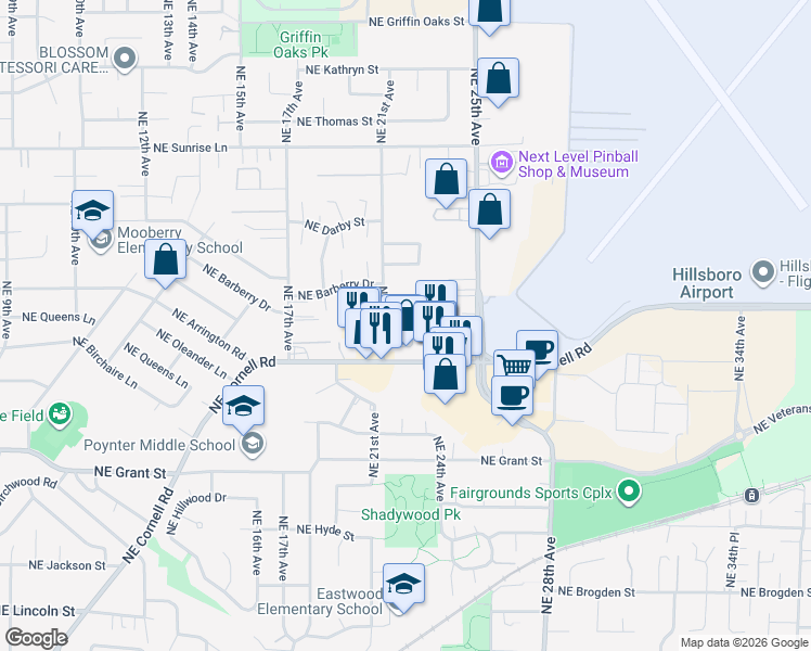 map of restaurants, bars, coffee shops, grocery stores, and more near 2225 Northeast Cornell Road in Hillsboro