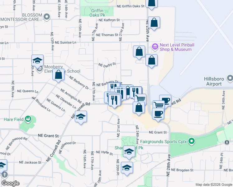 map of restaurants, bars, coffee shops, grocery stores, and more near 2011 Northeast Cornell Road in Hillsboro