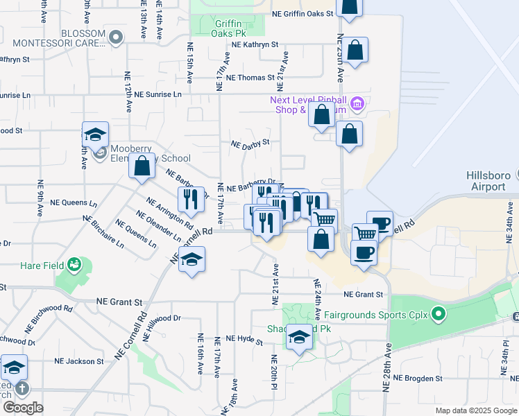 map of restaurants, bars, coffee shops, grocery stores, and more near 1907 Northeast Cornell Road in Hillsboro