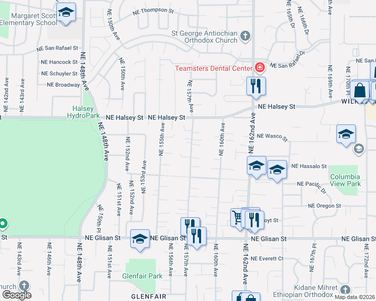 map of restaurants, bars, coffee shops, grocery stores, and more near 1215 Northeast 157th Avenue in Portland