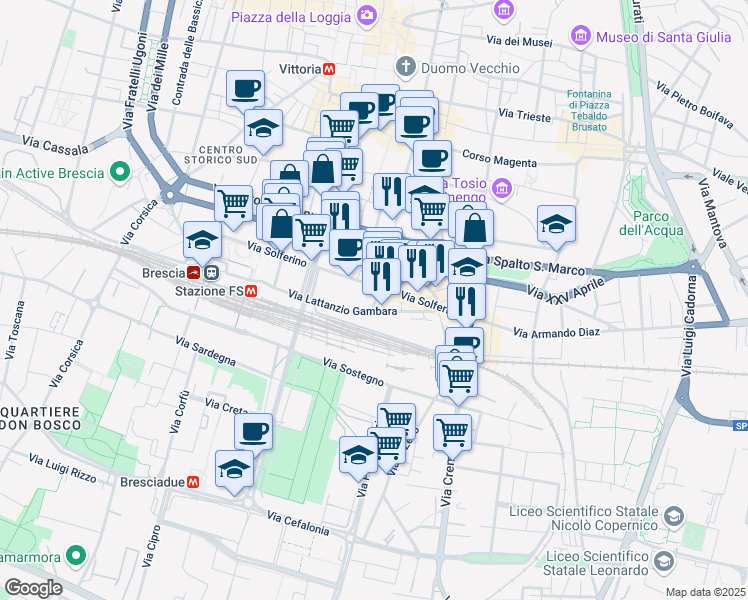 map of restaurants, bars, coffee shops, grocery stores, and more near 75 Via Lattanzio Gambara in Brescia