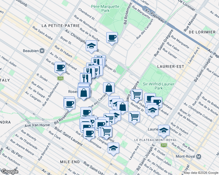 map of restaurants, bars, coffee shops, grocery stores, and more near 761 Rue des Carrières in Montréal