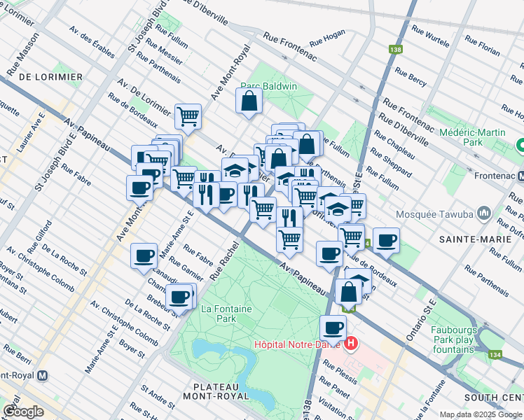 map of restaurants, bars, coffee shops, grocery stores, and more near 1952 Rue Rachel Est in Montréal