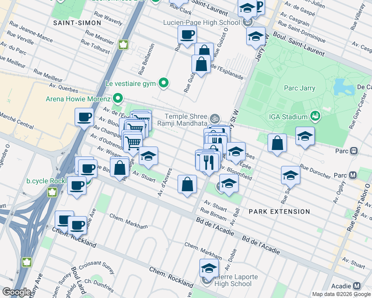 map of restaurants, bars, coffee shops, grocery stores, and more near 8245 Avenue Bloomfield in Montrã©Al