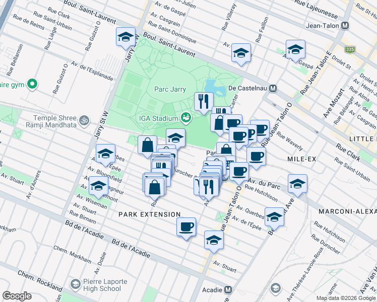 map of restaurants, bars, coffee shops, grocery stores, and more near 412 Rue Saint-Roch in Montréal