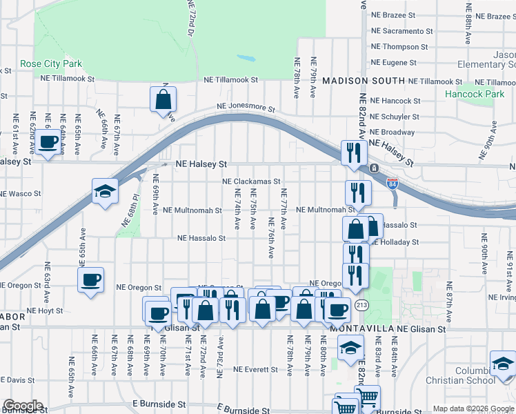 map of restaurants, bars, coffee shops, grocery stores, and more near 1206 Northeast 75th Avenue in Portland