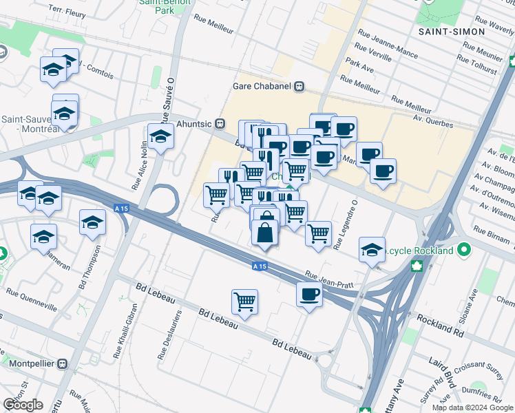 map of restaurants, bars, coffee shops, grocery stores, and more near 1530 Rue Mazurette in Montréal