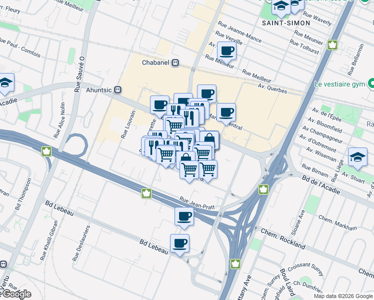 map of restaurants, bars, coffee shops, grocery stores, and more near 1501 Rue Antonio-Barbeau in Montréal