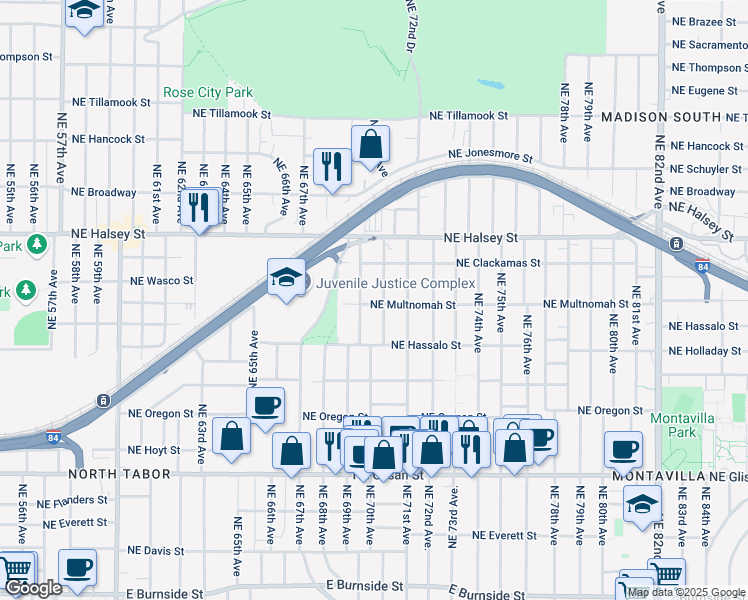 map of restaurants, bars, coffee shops, grocery stores, and more near 1145 Northeast 69th Avenue in Portland