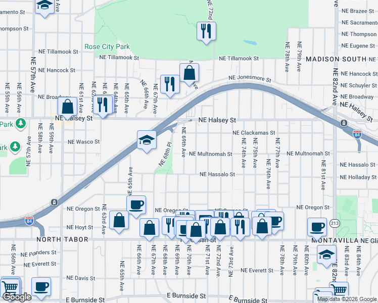 map of restaurants, bars, coffee shops, grocery stores, and more near 6909 Northeast Multnomah Street in Portland