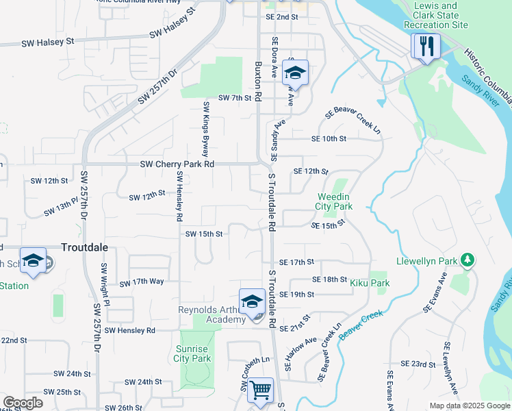 map of restaurants, bars, coffee shops, grocery stores, and more near 1490 Southwest Spence Court in Troutdale