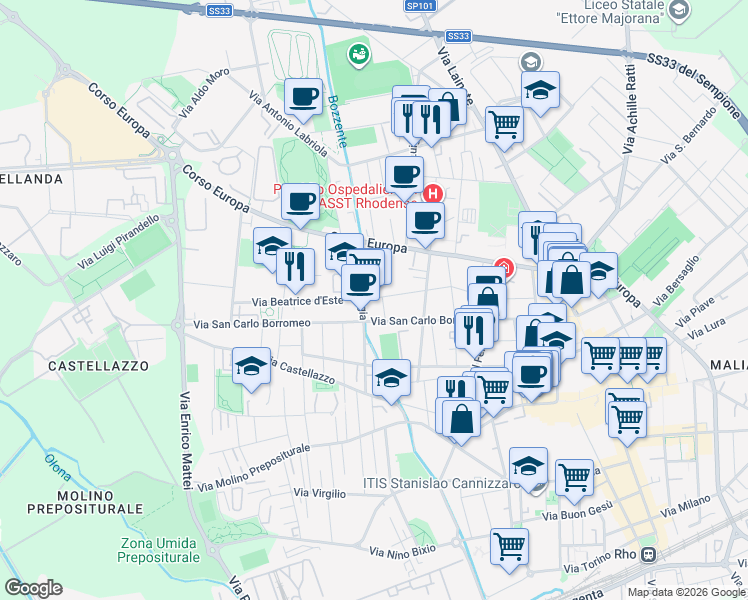 map of restaurants, bars, coffee shops, grocery stores, and more near 21 Via Cornaggia in Rho