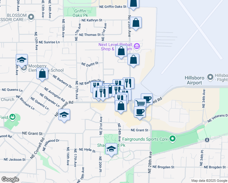 map of restaurants, bars, coffee shops, grocery stores, and more near 2234 Northeast Barberry Drive in Hillsboro