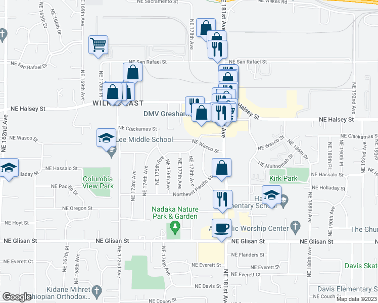 map of restaurants, bars, coffee shops, grocery stores, and more near 17800 Northeast Multnomah Drive in Portland
