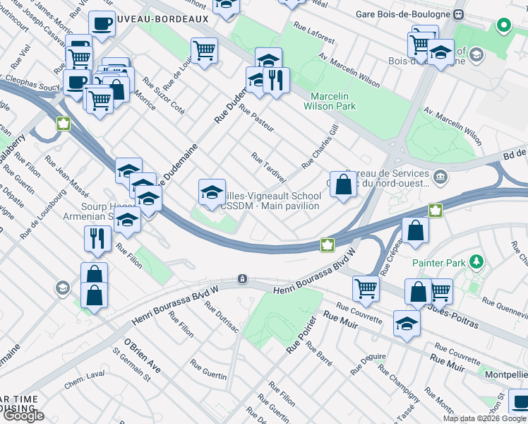 map of restaurants, bars, coffee shops, grocery stores, and more near 11102 Rue James-Morrice in Montréal
