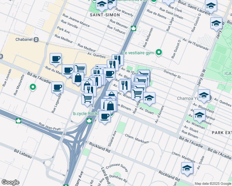 map of restaurants, bars, coffee shops, grocery stores, and more near 8648 Avenue Wiseman in Montréal
