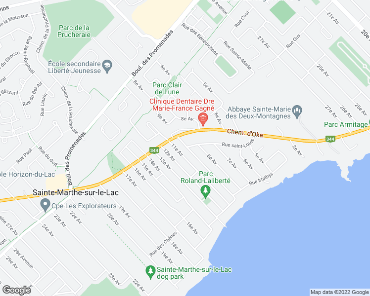 map of restaurants, bars, coffee shops, grocery stores, and more near 74 9e Avenue in Sainte-Marthe-sur-le-Lac