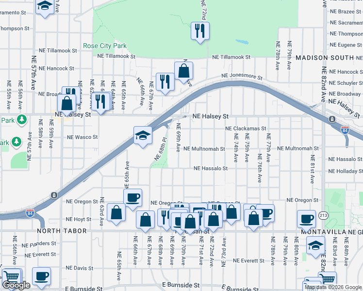 map of restaurants, bars, coffee shops, grocery stores, and more near 6909 Northeast Multnomah Street in Portland