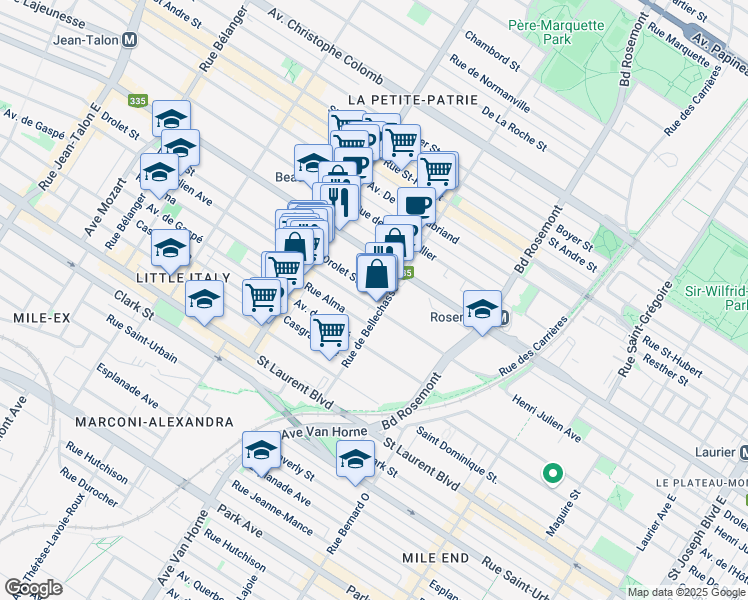 map of restaurants, bars, coffee shops, grocery stores, and more near in Montreal