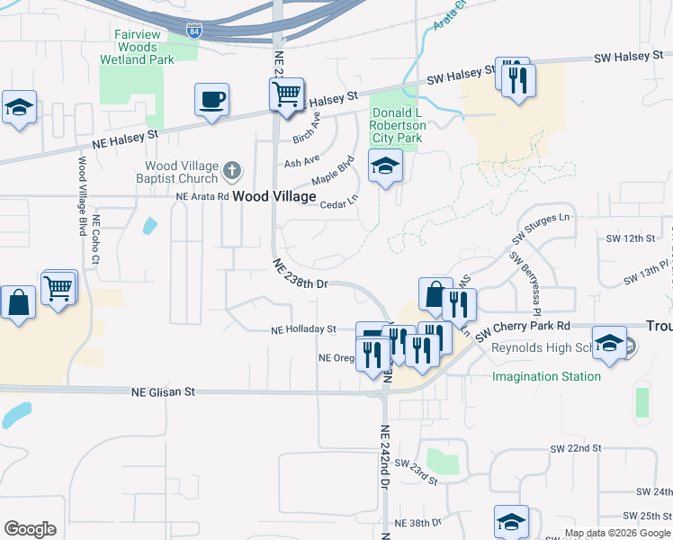 map of restaurants, bars, coffee shops, grocery stores, and more near 24044 Northeast Treehill Drive in Wood Village