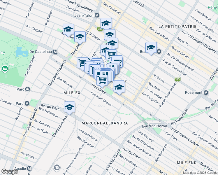 map of restaurants, bars, coffee shops, grocery stores, and more near Boulevard Saint-Laurent in Montréal