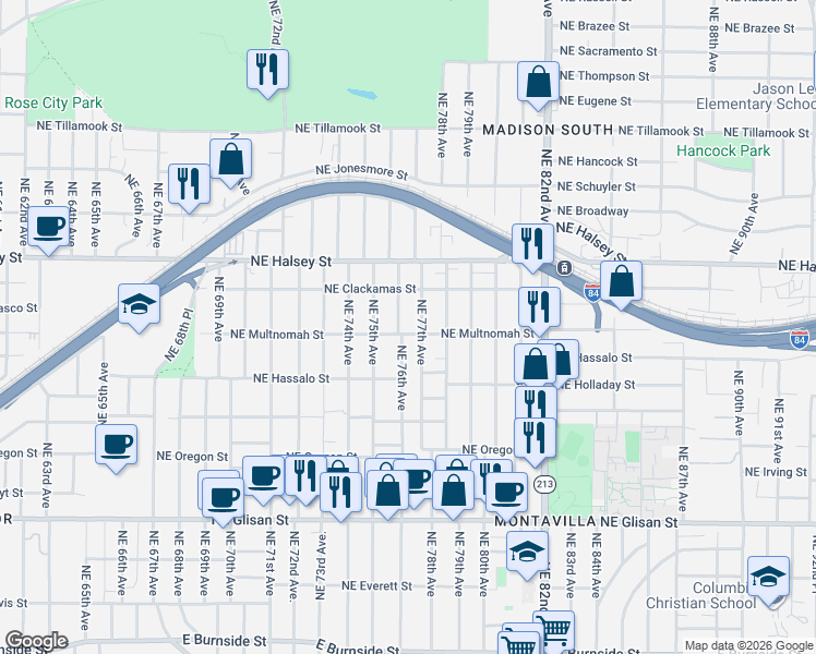 map of restaurants, bars, coffee shops, grocery stores, and more near 7615 Northeast Multnomah Street in Portland