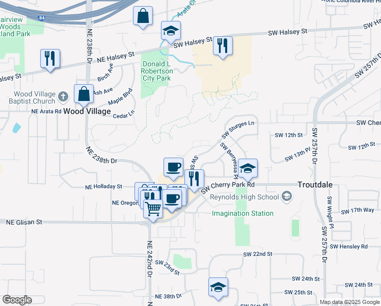 map of restaurants, bars, coffee shops, grocery stores, and more near 2153 Southwest Sturges Lane in Troutdale