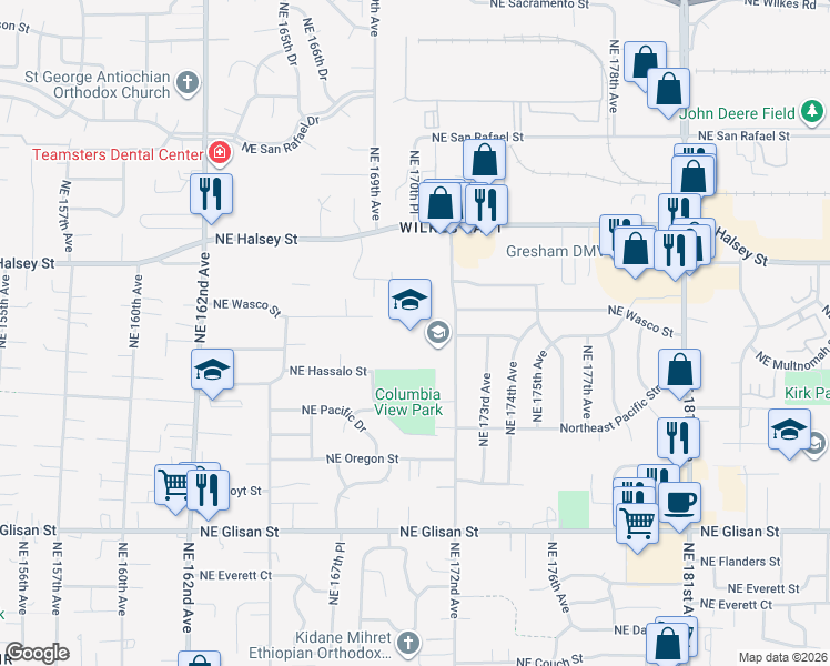map of restaurants, bars, coffee shops, grocery stores, and more near 1121-WI Northeast 172nd Avenue in Portland