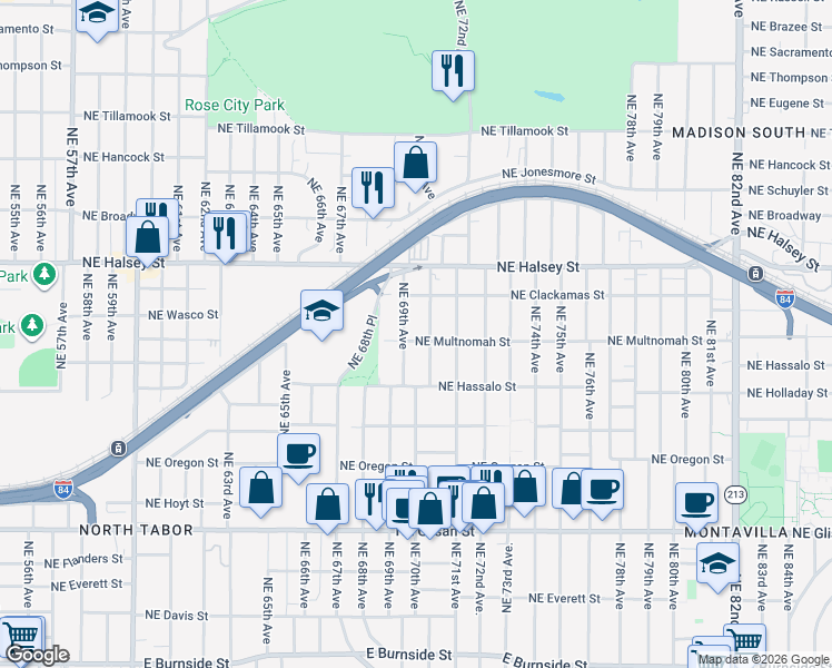 map of restaurants, bars, coffee shops, grocery stores, and more near 1321 Northeast 69th Avenue in Portland