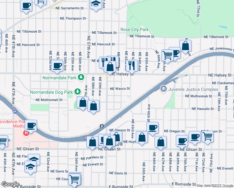 map of restaurants, bars, coffee shops, grocery stores, and more near 6103 Northeast Wasco Street in Portland