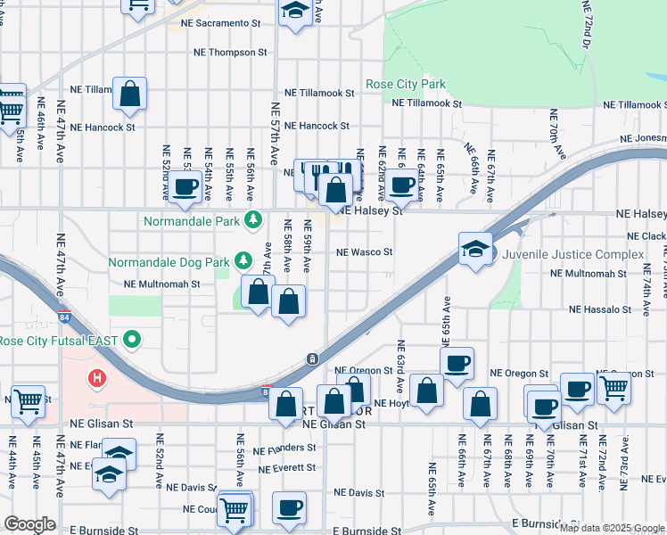 map of restaurants, bars, coffee shops, grocery stores, and more near 1315 Northeast 60th Avenue in Portland