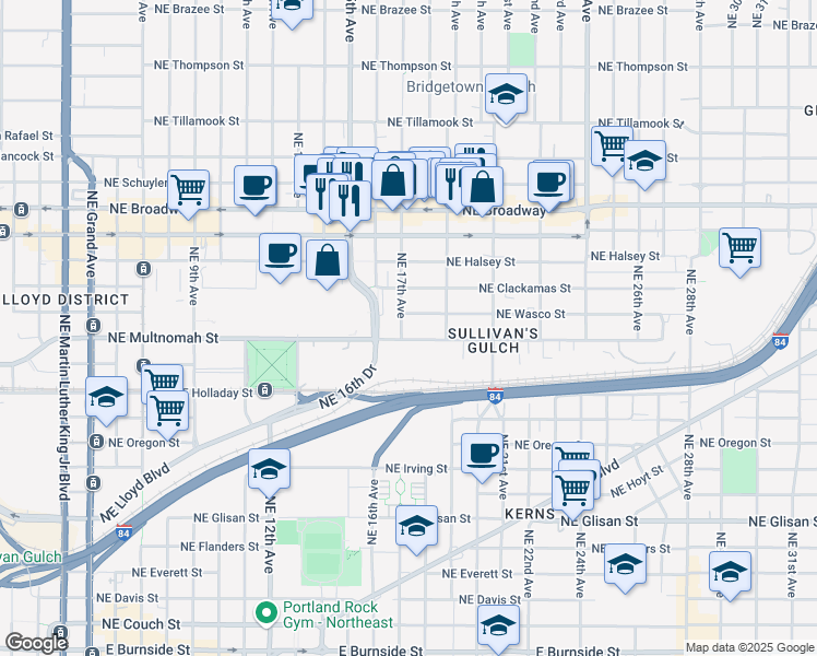 map of restaurants, bars, coffee shops, grocery stores, and more near 1749 Northeast Wasco Street in Portland