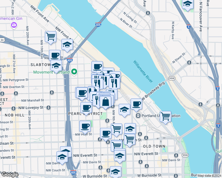 map of restaurants, bars, coffee shops, grocery stores, and more near 917 Northwest Overton Street in Portland