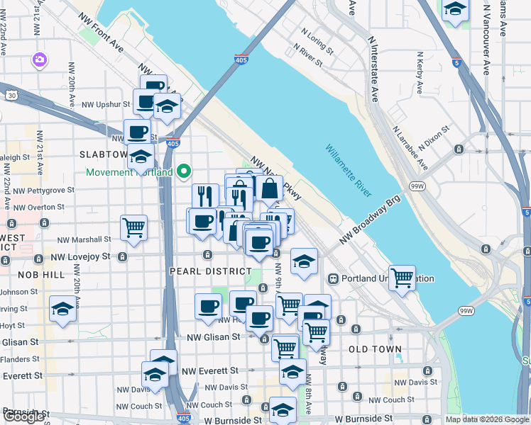 map of restaurants, bars, coffee shops, grocery stores, and more near 917 Northwest Overton Street in Portland