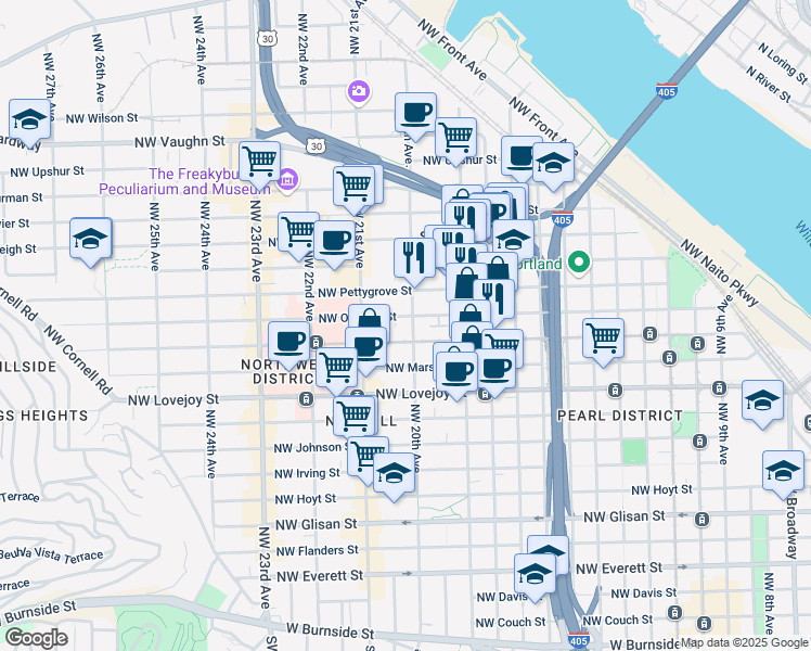 map of restaurants, bars, coffee shops, grocery stores, and more near 2010 Northwest Pettygrove Street in Portland