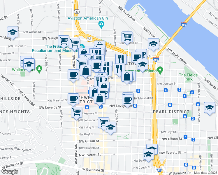 map of restaurants, bars, coffee shops, grocery stores, and more near in Portland