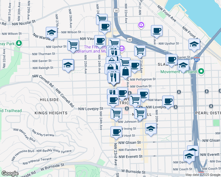 map of restaurants, bars, coffee shops, grocery stores, and more near 1221-1249 Northwest 23rd Avenue in Portland