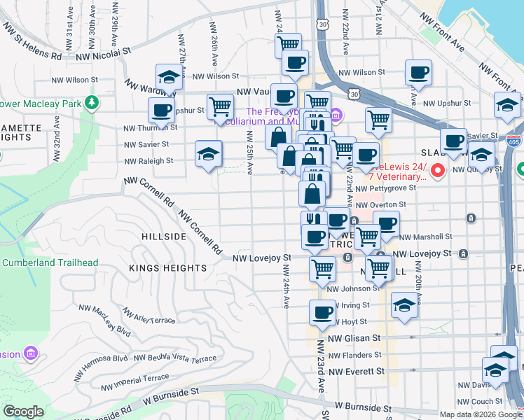 map of restaurants, bars, coffee shops, grocery stores, and more near 2434 Northwest Pettygrove Street in Portland