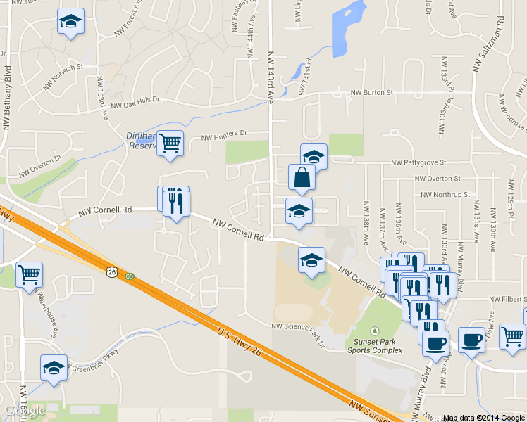 map of restaurants, bars, coffee shops, grocery stores, and more near 1789 Northwest 143rd Avenue in Portland