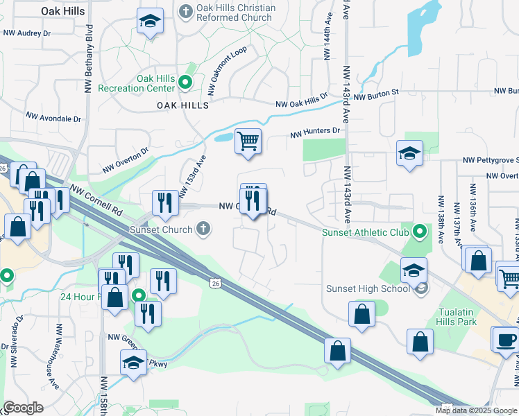 map of restaurants, bars, coffee shops, grocery stores, and more near 14741-14999 Northwest Cornell Road in Portland