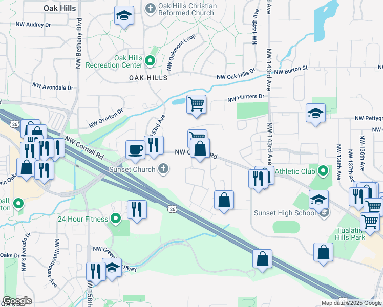 map of restaurants, bars, coffee shops, grocery stores, and more near 14999 Northwest Cornell Road in Portland